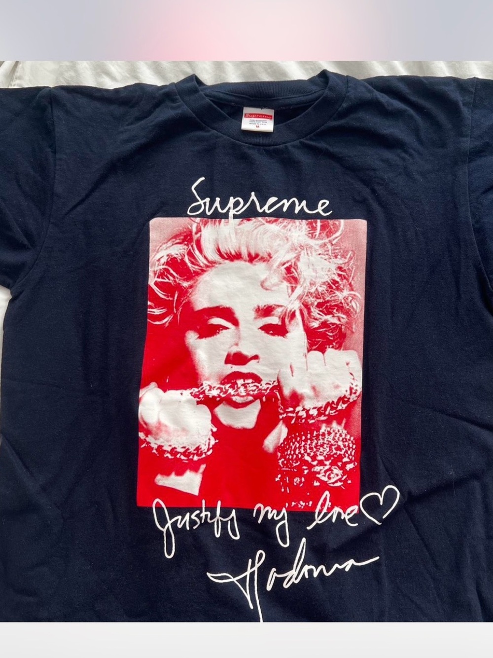 Supreme Black Graphic Tee with Red Madonna Photo Print